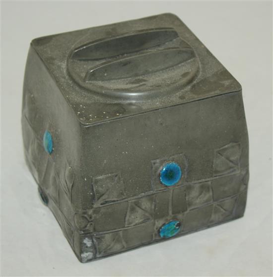 A Liberty English pewter biscuit box, designed by Archibald Knox, W.6in.